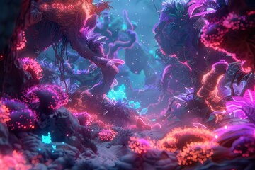 Bioluminescent Plants and Flowers in a Fantasy Forest