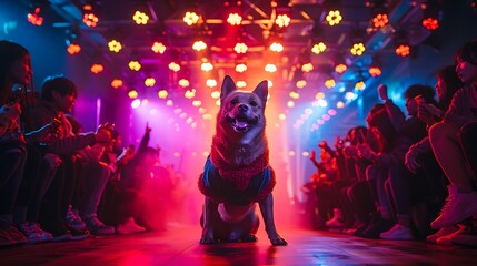 An engaging scene of a pet fashion show, with a dog in a superhero costume striking a pose on the runway, surrounded by colorful lights and excited spectators.