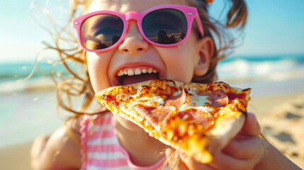 A hungry child eats delicious pizza on a sunny summer day. A young cool stylish girl in sunglasses...