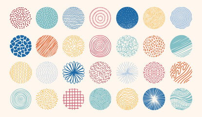 Round abstract colored set hand drawn doodle shapes. Backgrounds in the form of a circle of spots, lines, splashes, curves, stripes and dots.