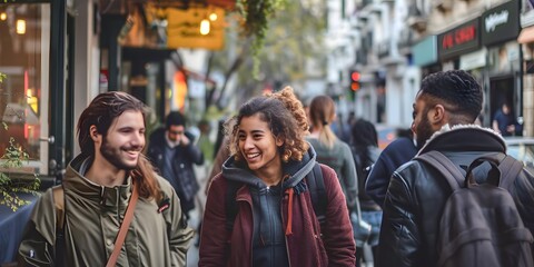 Three Friends Walking In The City Street