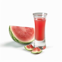 Medium shot of Glass of watermelon juice near the watermelon, isolated on a white background, 