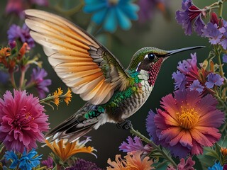 Fototapeta premium Multicolored Hummingbird on flower in a Floral environment. Flying in a natural habitat of tropical wood, red flower, violet green ear, Colibri thalassinus, Tapanti National Park, Costa Rica. Wildlife