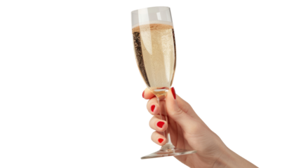 Hand holds glass goblet with champagne isolated on transparent