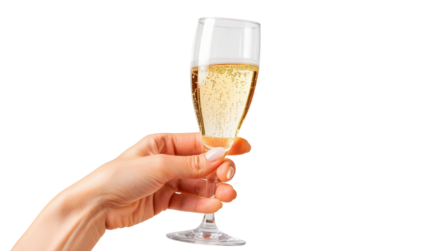 Hand holds glass goblet with champagne isolated on transparent