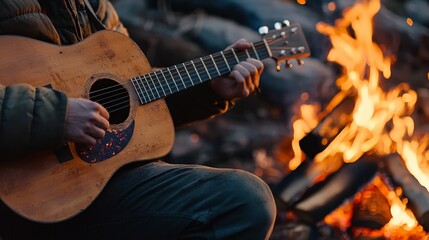 Obraz premium Serenading the Night: Captivating Campfire Guitar Performance under Warm Glow