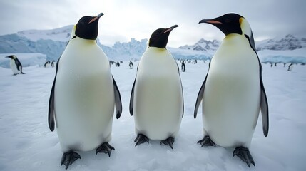 Fototapeta premium A huddle of adorable emperor penguins stands tall on Antarctic ice, showcasing black and white feathers against a cold, snowy, polar landscape