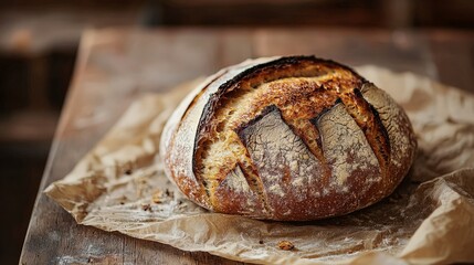 Rustic Charm: Close-up of Freshly Baked Bread on Wooden Table with Natural Lighting
