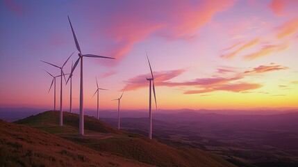 Fototapeta premium Renewable Energy at Dusk: Dramatic Wind Turbines on Hill with Dynamic Sunset Glow