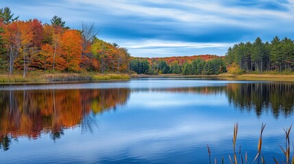 Fototapeta premium A calm lake in a forest reflects the vibrant fall colors of the trees lining its shore