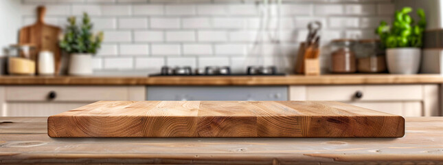Empty wooden board on a table with a blurred background of a modern kitchen interior
