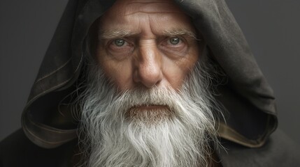 A close-up portrait of an elderly man with a white beard and a serious expression. He is wearing a dark hooded garment