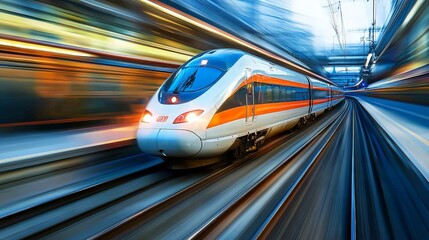 Fototapeta premium Sleek High-Speed Train in Motion with Vivid Lighting and Sharp Focus