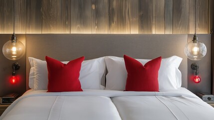 A luxurious hotel room with white bedding and red pillows, lit by hanging glass globes and red accent lights
