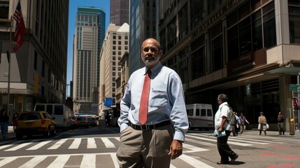 A man in a blue shirt and red tie walks across a street in New York City. He is surrounded by tall buildings and other pedestrians