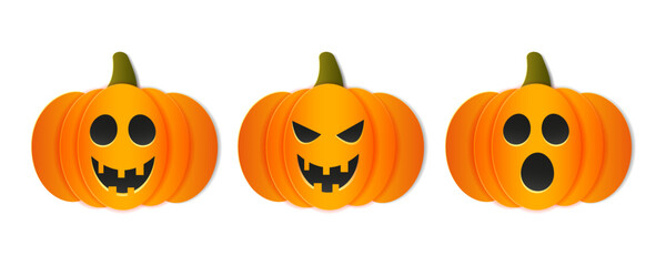Happy Halloween. Scary pumpkin set. Isolated vector illustration in cut paper style