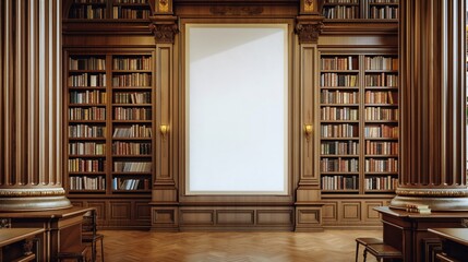 Empty white poster on a library notice board, suitable for book club announcements, community events, or educational messages, blending literary environments with functional design