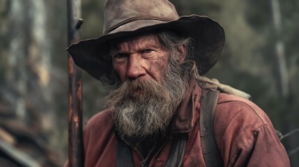 Fototapeta premium Evocative portrait of a Gold Rush prospector, with rugged clothes and tools, illustrating the adventurous and often perilous search for fortune in the 19th century