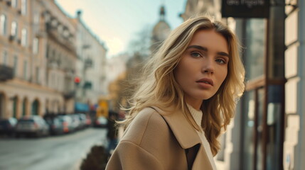 Fototapeta premium Young fashion woman in a stylish outfit walks through a city, with a building behind her