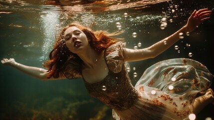 Woman floating underwater in a dress, surrounded by bubbles, creating a surreal and enchanting underwater portrait