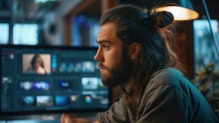 Fototapeta premium Man video editor with long hair with a messy bun looking at a computer screen with video soft open