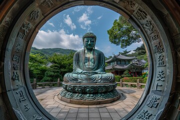 Obraz premium Serene view of a majestic Buddha statue framed by an intricately carved circular stone doorway, surrounded by lush greenery and traditional temple architecture under a clear blue sky