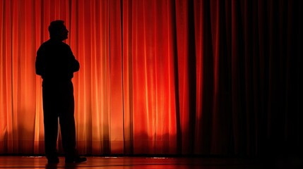 A person is silhouetted against striking red curtains, appearing contemplative as they await the start of a performance in a theater setting, suggesting anticipation and creativity