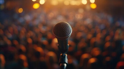 A microphone is positioned in the foreground as a vibrant audience enjoys a lively performance in a dimly lit venue filled with colorful lights