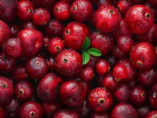 Freshly Harvested Red Cranberries Gathered Together on a Dark Surface With Dew Drops