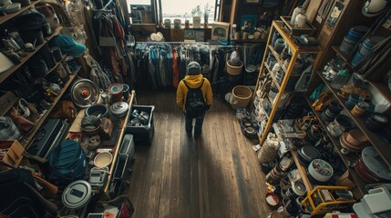 A person in a yellow jacket walks through a vintage shop brimming with eclectic items, surrounded by walls lined with clothes and shelves of intriguing collectibles