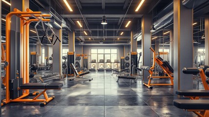 A spacious gym filled with diverse fitness equipment under bright lighting, encouraging workout sessions in a modern environment