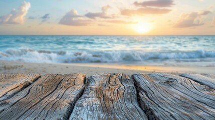 Weathered driftwood surface with a soft-focus background of a serene beach, ideal for coastal decor or beach-themed accessories