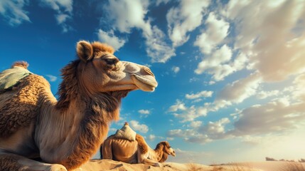 Lonely camel looking into the distance in the desert around the dunes