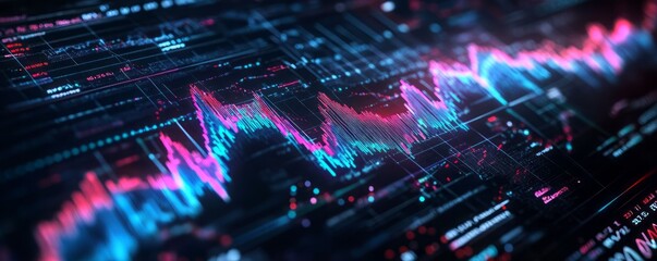 Fototapeta premium Abstract digital landscape showing vibrant stock market data trends and fluctuations with blue and pink lines on a dark background.