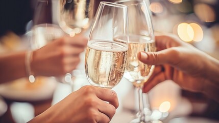 Friends joyfully toast with glasses of sparkling wine during a festive gathering, celebrating special moments and enjoying each otherвЂ&trade;s company