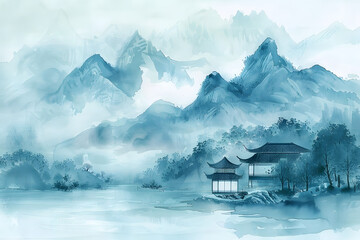 Chinese Traditional Architecture in a Blue-Green Mountain Landscape. Watercolor and Ink Wash Painting Style. Harmonious Blend of Nature and Ancient Architecture in a Serene, Artistic Scene.