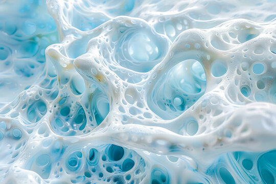 Abstract blue and white structure with holes forming organic pattern