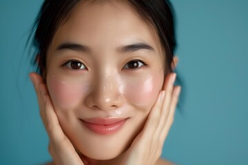 Obraz premium Closeup Portrait of Young Asian Woman Applying Face Cream