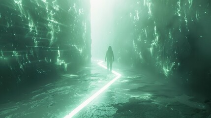 Fototapeta premium A futuristic scene with a person walking through a glowing narrow path
