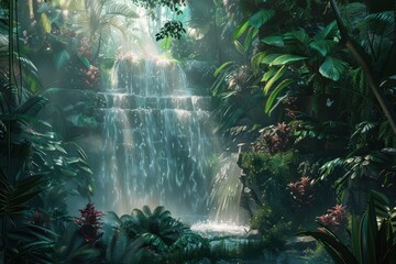 Lush Tropical Rainforest Waterfall with Sun Rays Filtering Through Canopy