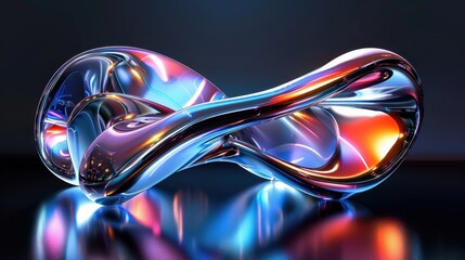 Abstract holographic chrome shape in a surreal, reflective style on a black background.