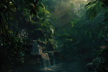 A Serene Waterfall Cascading Through Lush Tropical Foliage