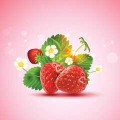 Whole fresh red strawberries and. Red background vector illustration