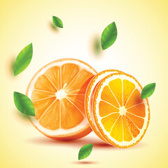 Fresh Half Orange Fruits with slice with  Yellow Background Vector