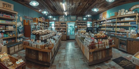 A spacious and inviting general store with rustic wooden shelves filled with a wide range of products, from groceries to household items, creating a cozy, nostalgic shopping atmosphere