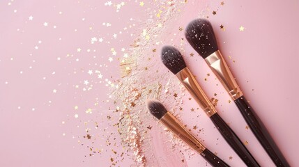 Set of artistic brushes with gold stars on light pink backdrop