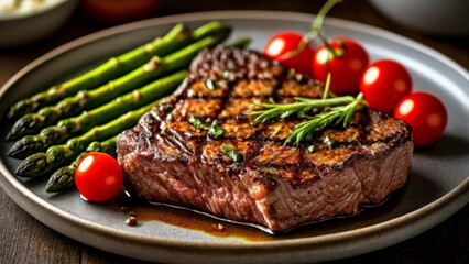  Deliciously grilled steak with fresh asparagus and cherry tomatoes