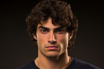 A man with curly hair and a beard is standing in front of a dark background