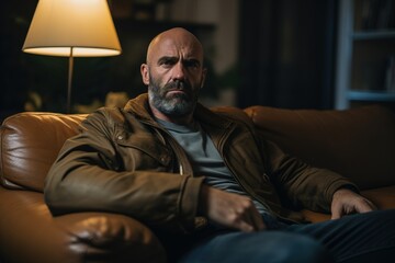 Fototapeta premium A man is sitting on a couch with a lamp behind him