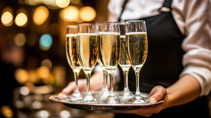 Waitress holding a tray with champagne glasses.